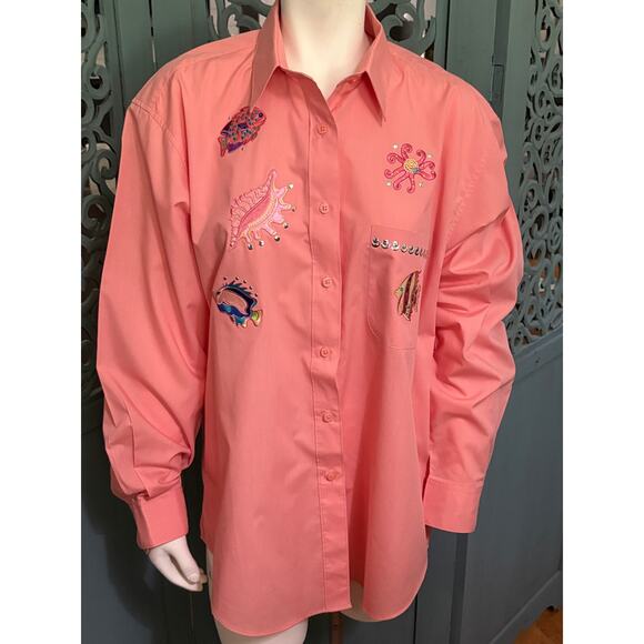 Vtg Las Olas Button up Shirt-Coral Ocean Theme-Appliqued Fish-Shells-Octopus-L - Picture 1 of 11